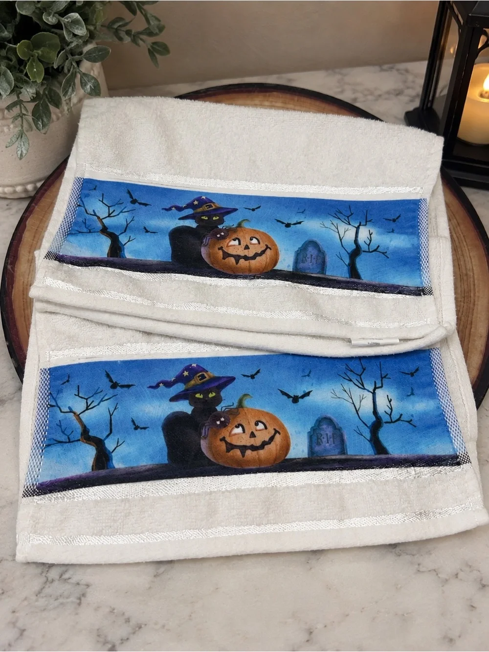 Halloween Hand Towels Set 2 Cat Pumpkin Spider Bats RIP Graveyard Decor 10x16